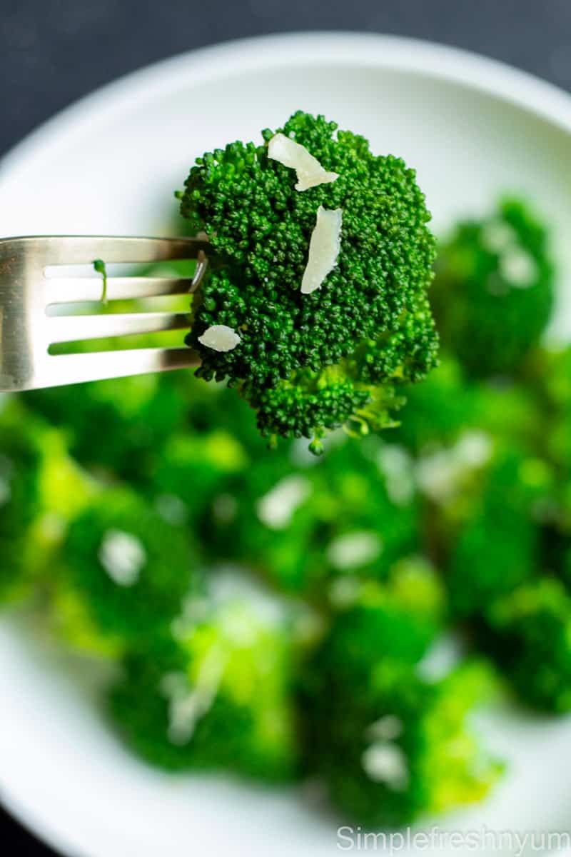 Steamed broccoli floret lift up on a fork for a close up shot with shaved parmesan cheese on top and a white plate of steamed broccoli in the back ground.