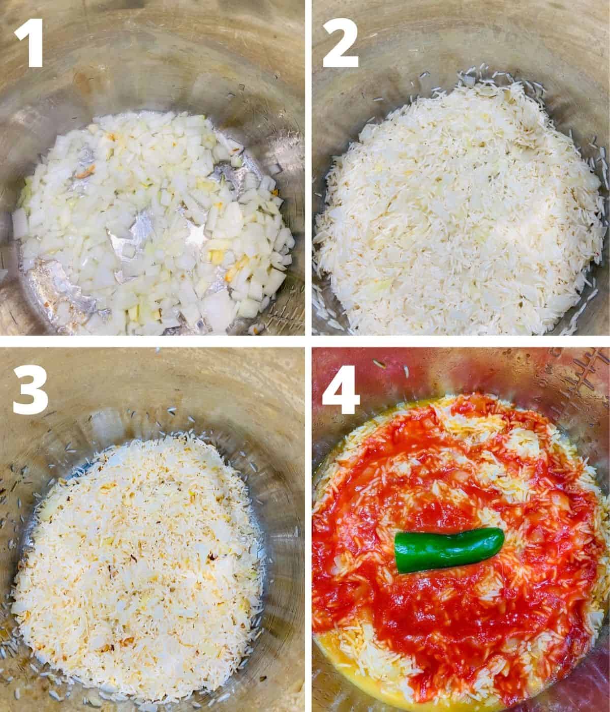 Step by step images collage for making Instant pot Spanish rice(Arroz Rojo)