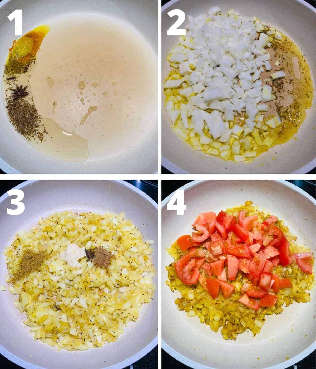 Step by Step image collage of first 4 pictures of how to make Palak Paneer. This collage covers until adding tomatoes