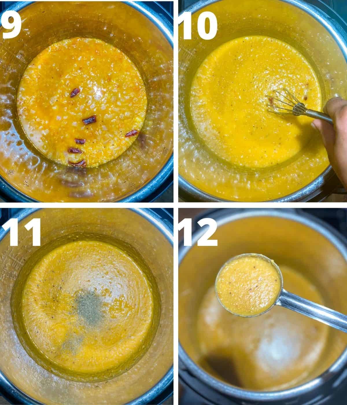 This is a collage image of step by step pictures showing how to make Indian style red lentils in Instant pot. This collage shows final steps of 9 to 12 after opening the lid.
