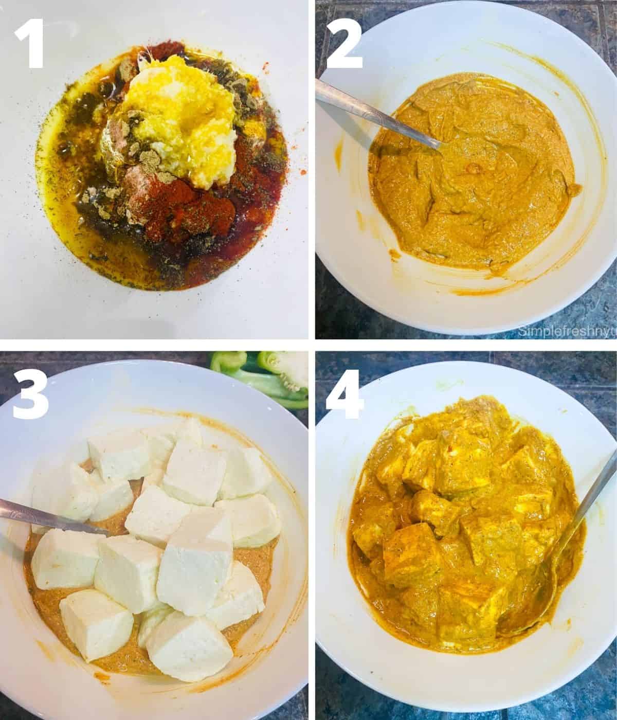 This is a collage image of pictures showing how to make paneer tikka in air fryer.