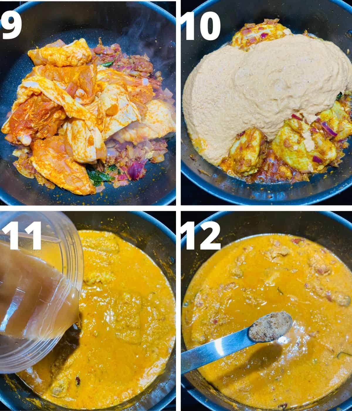 This is a collage image of step by step pics to show how to make chicken Salan. This collage shows from adding the chicken to the pan until the final step of adding the Jaggery.
