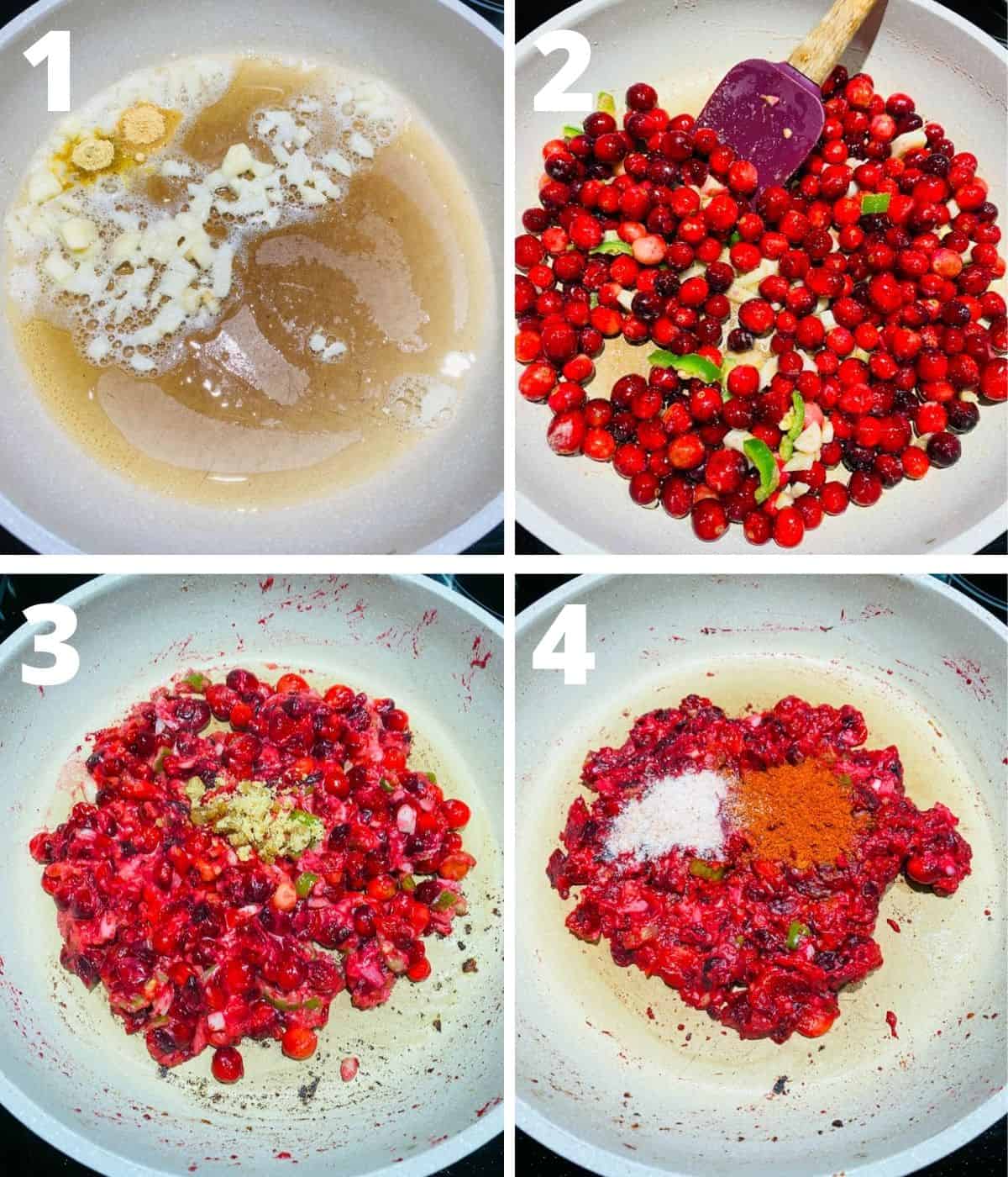 This is a collage image of first four steps of making Indian style cranberry chutney. This shows steps until adding salt and red chili powder.