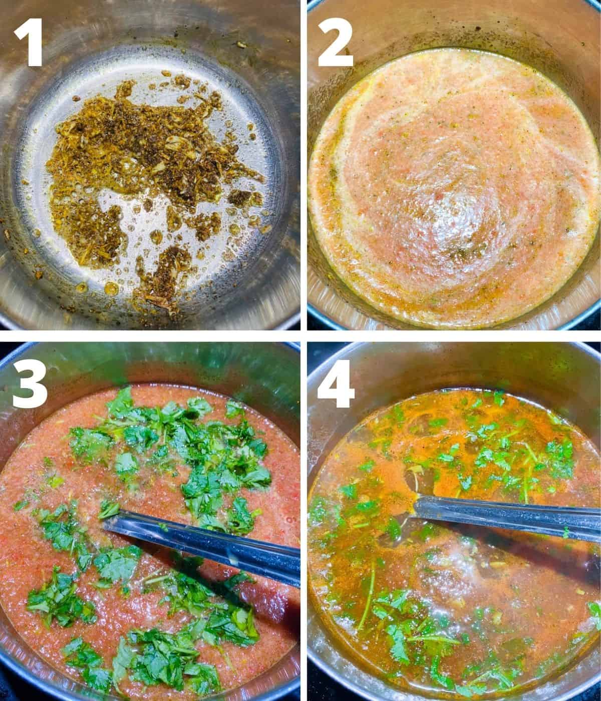 This is a collage image of 4 pictures showing the step by step process of making Tomato Miriyala Rasam in a steel pot